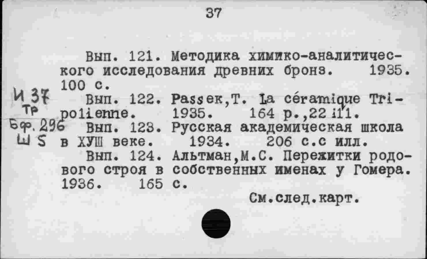 ﻿37
Вып. 121. Методика химико-аналитического исследования древних бронз. 1935. ù ат 100 с* и of Вып. 122. PasseK,T. la céramique Tri-т₽ polieraie. 1935.	164 p.,22 ill.
29b Вып. 123. Русская академическая школа Ы$ в ХУШ веке. 1934.	206 с.с илл.
Вып. 124. Альтман,М.С. Пережитки родового строя в собственных именах у Гомера. 1936.	165	с.
См.след.карт.